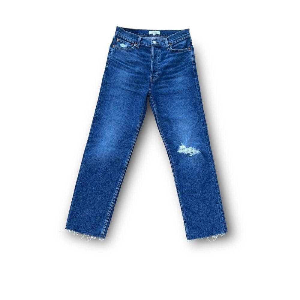 RE/DONE High-Rise 70S Stove Pipe Ankle Jeans Button Fly Worn True Indigo, 27